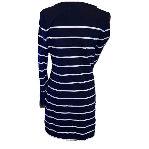 Beach Lunch Lounge Dress Striped Black White w/Net Bell Cuff Sleeves Knee Length - Picture 3 of 7